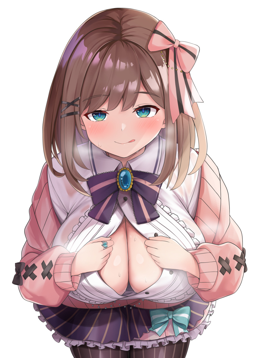 :q absurdres aqua_eyes bow breasts brown_hair cleavage closed_mouth collared_shirt cowboy_shot eyebrows_visible_through_hair female female frilled_shirt frills hairbow highres kusana_(dudqja602) large_breasts leaning_forward looking_at_viewer nijisanji paizuri_invitation pink_sweater seductive_smile shirt simple_background skirt smile solo spread_cleavage striped striped_shirt suzuhara_lulu sweater tongue tongue_out vertical-striped_shirt vertical_stripes virtual_youtuber white_background