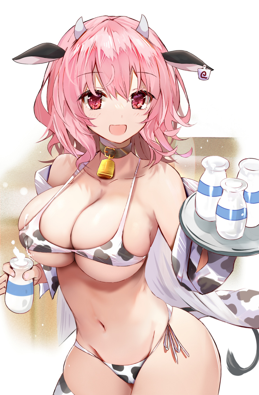 1girls :d animal_ears animal_print bangs bare_shoulders bell black_collar bottle bra breasts cleavage collar collarbone cow_ears cow_horns cow_print cow_tail cowbell efe female highres horns large_breasts light-skinned_female light_skin looking_at_viewer milk_bottle navel off_shoulder open_mouth panties pink_hair red_eyes revision smile solo solo_female tail thighhighs touhou tray underboob underwear yuyuko_saigyouji