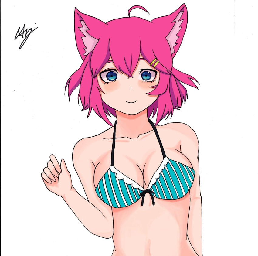 1girls anime_onegai bikini bikini_top blue_eyes blush cat_ears catgirl cleavage dengeki_onegai female_only highres latam_virtual_youtuber looking_at_viewer nyami_g one_arm_up pink_hair short_hair signature simple_background smile smiling_at_viewer swimsuit virtual_youtuber white_background