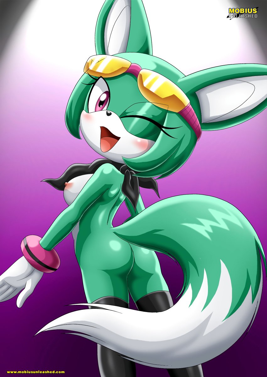 1girls animal_ears anthro anthro_only archie_comics areola ass bare_shoulders bbmbbf blush breasts butt female female_only fox furry green_fur green_hair headgear hi_res high_resolution highres legs_together legwear looking_back mammal medium_breasts mobius_unleashed multicolored_fur nipples no_bra no_panties nude one_eye_closed open_eyes open_mouth palcomix pink_eyes sega short_hair simple_background smile smiling solo solo_female sonar_the_fennec sonic_(series) sonic_the_hedgehog_(archie) sonic_the_hedgehog_(comics) tagme tail teal_body thighs tongue two_tone_body white_fur