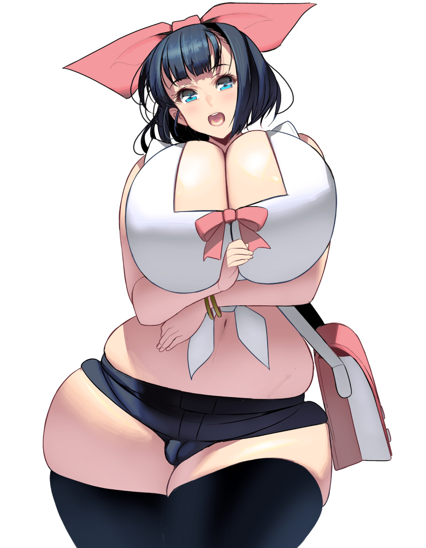 big_breasts black_hair black_legwear black_thighhighs blue_eyes breasts cameltoe cleavage cleavage_cutout female female_only hairbow huge_breasts looking_at_viewer masao open_mouth original plump short_hair short_shorts solo thick_thighs thighhighs thunder_thighs tied_shirt voluptuous wide_hips