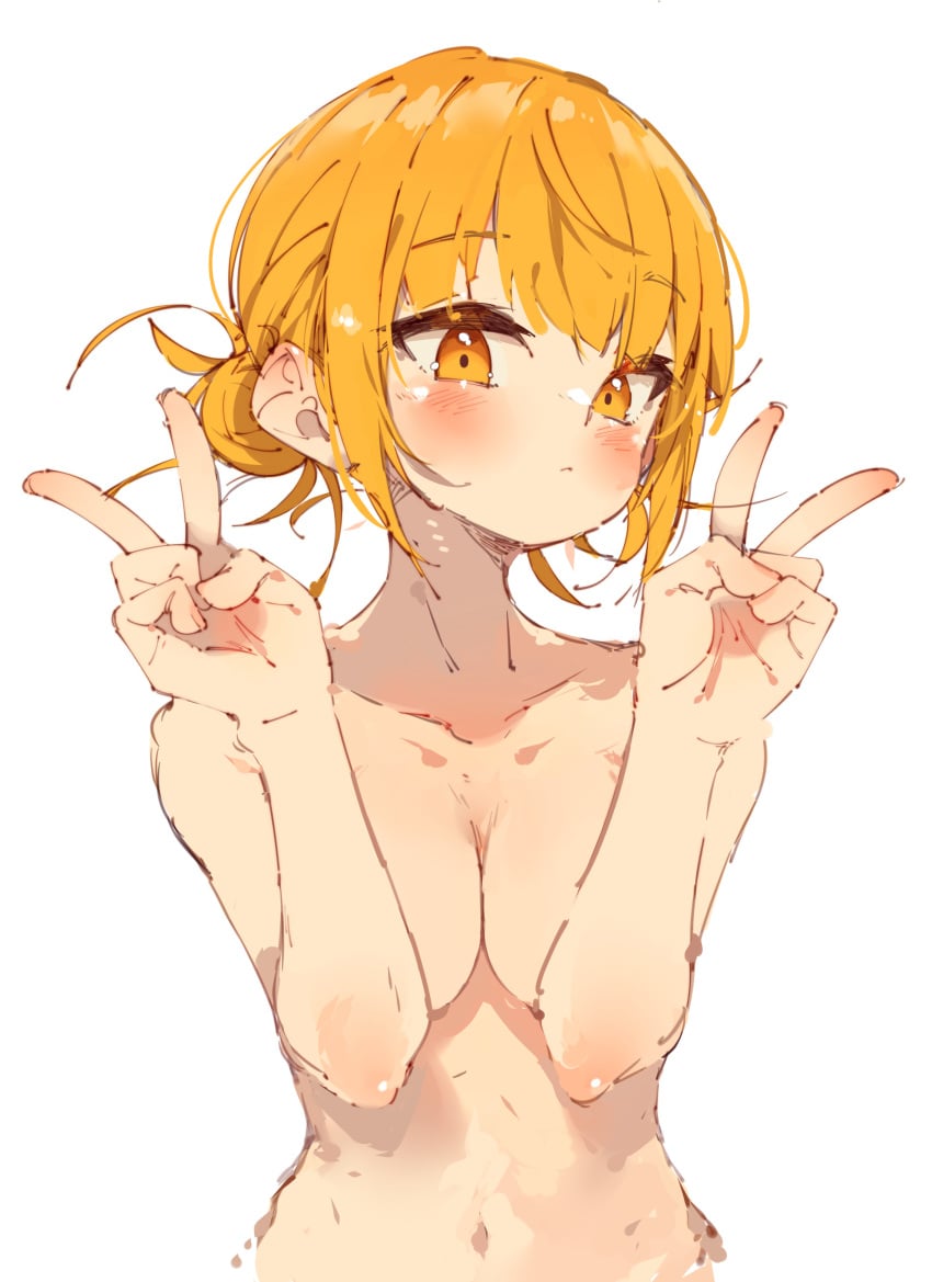 1girl 1girls arms_covering_nipples blonde_hair blush breasts covered_nipples female himiko_toga human light-skinned_female light_skin my_hero_academia naked naked_female navel nude nude_female peace_sign rasusurasu solo solo_female toga_himiko white_background yellow_eyes