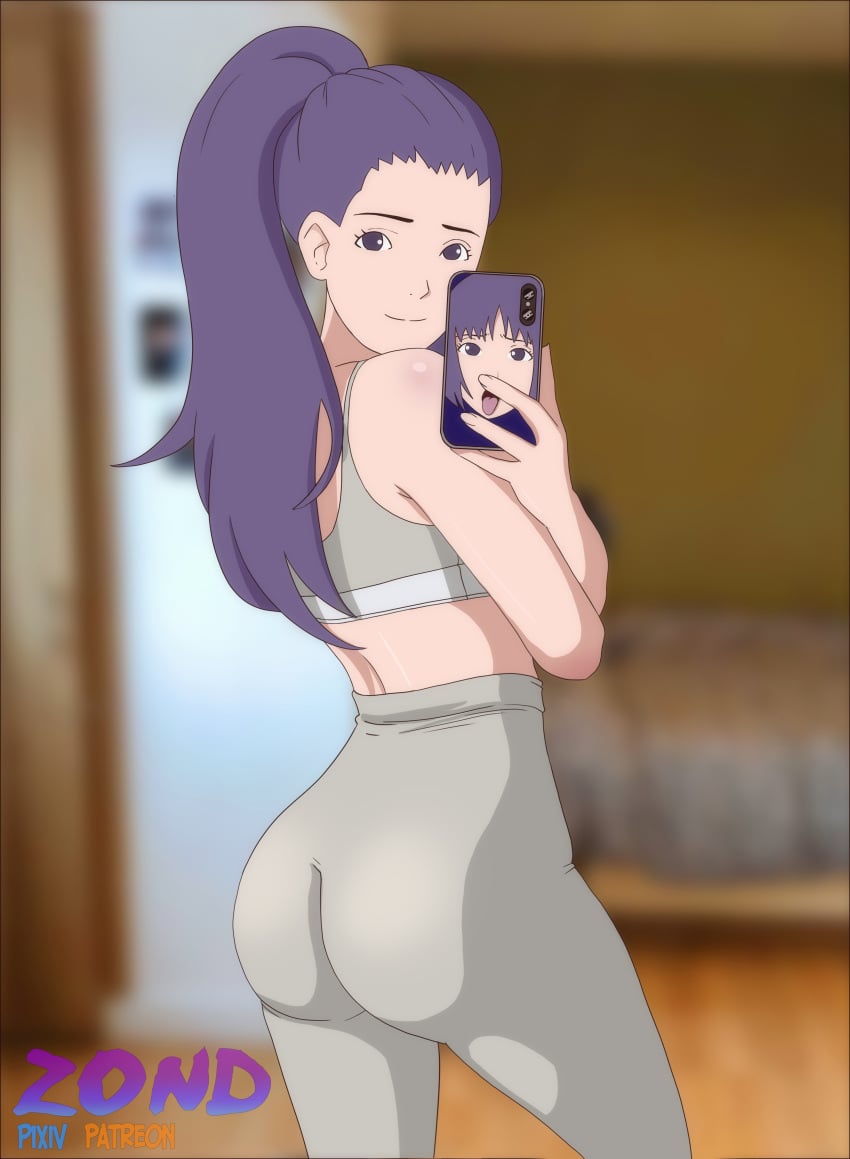 1girls alternate_hairstyle ass back_view big_ass boruto:_naruto_next_generations cellphone dat_ass female female_only fully_clothed holding_object holding_phone kakei_sumire leggings long_hair looking_at_viewer looking_back naruto naruto_(series) ponytail posing presenting presenting_ass presenting_hindquarters purple_eyes purple_hair round_ass selfie sidelocks taking_picture tank_top tight_bottomwear tight_clothing tight_pants zond