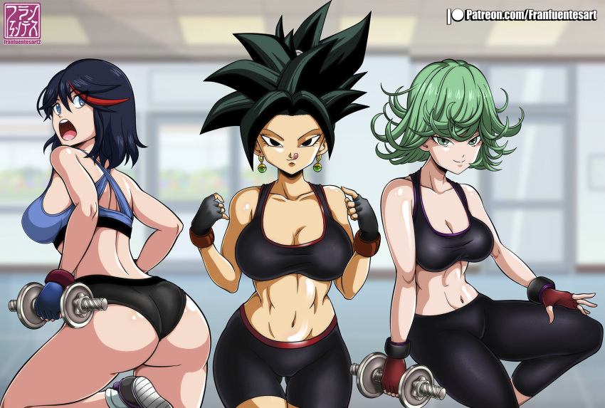 2022 3girls ass base_form_kefla big_breasts booty_shorts breasts crossover dragon_ball dragon_ball_super earrings female female_only franfuentesart2 gloves kefla kill_la_kill matoi_ryuuko multiple_girls one-punch_man sports_bra tatsumaki thick_thighs thighs tomboy weights yoga_pants