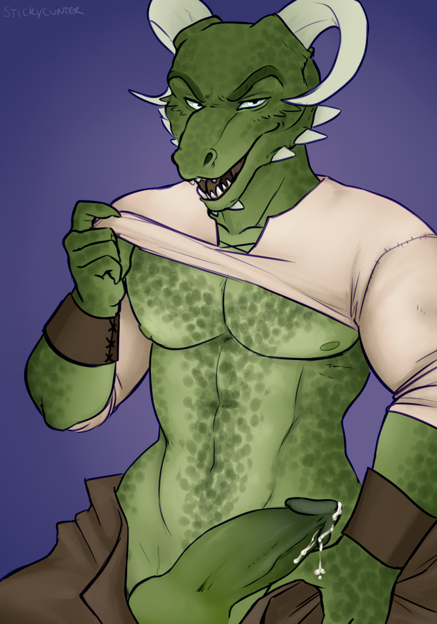 argonian armor bethesda_softworks big_penis bodily_fluids bottomwear bracers clothed clothing clothing_lift derkeethus dripping erection eye_contact facial_horn genital_fluids genitals green_body green_skin hi_res holding_clothing holding_object holding_shirt holding_topwear horn humanoid looking_at_another looking_at_viewer male male_focus male_only male_solo muscular muscular_male open_bottomwear open_clothing open_mouth open_pants pants penis precum precum_drip pulling_pants_down scalie sharp_teeth shirt shirt_lift solo solo_focus solo_male stickycunter teeth the_elder_scrolls topwear video_games white_clothing white_horn white_shirt white_topwear