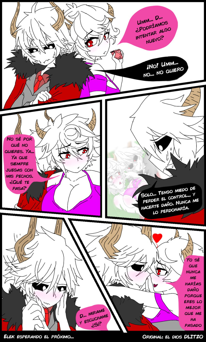 big_breasts black_eyes blush comic comic_page couple couple_(romantic) demon demon_girl demon_horns demon_tail dlitzo flashback funamusea gray_clothing heart huge_breasts incubus kcalb love mr._hr naharia nose_boop nose_to_nose oc_x_canon pink_clothing pointy_ears red_cape red_eyes revgelty sam spanish spanish_dialogue spanish_text succubus sweat sweatdrop sweating the_gray_garden traced white_pupils worried worried_expression