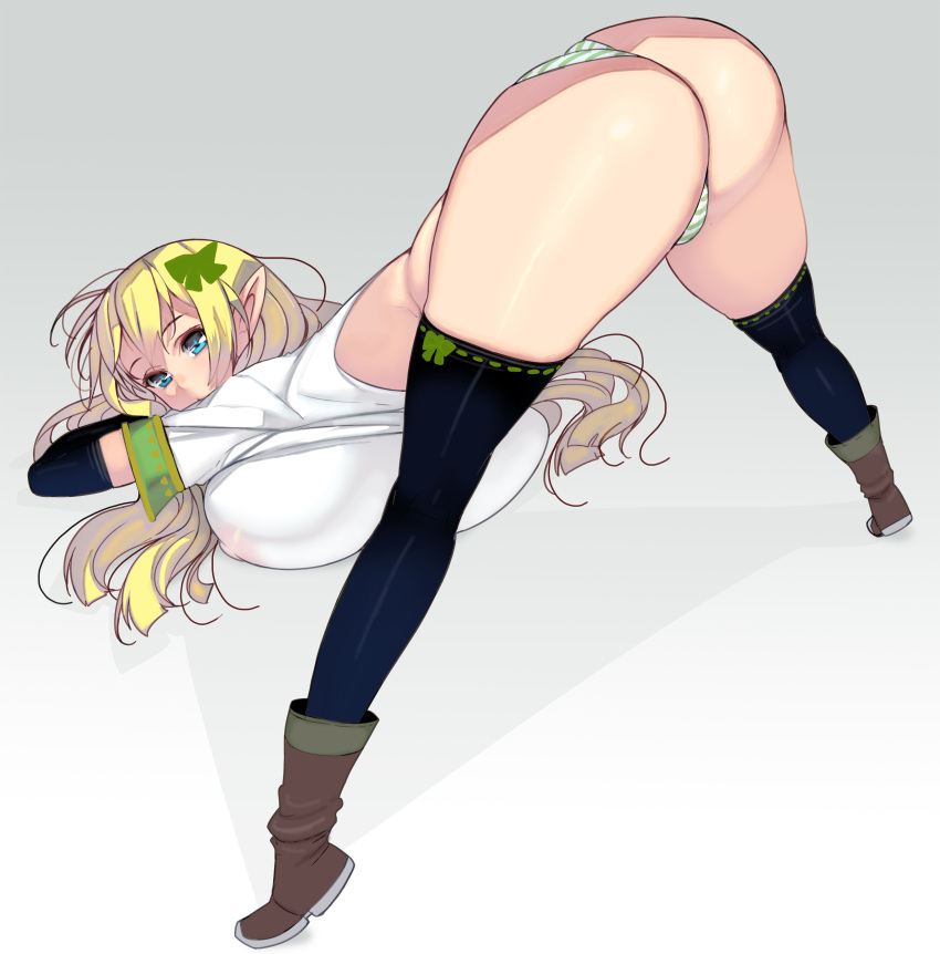 ass_up big_ass big_breasts black_legwear black_thighhighs blonde_hair blue_eyes boots breast_squish bubble_butt elf female female_only full_body huge_breasts jack-o_pose long_hair looking_at_viewer looking_back masao nipples_visible_through_clothing original panties pointy_ears solo striped_panties thighhighs white_shirt