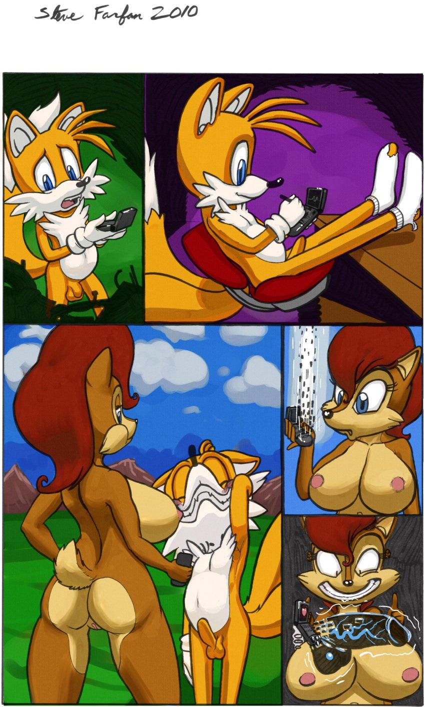 2010 anthro archie_comics ass canine chipmunk color comic day female fox fur furry holding interspecies male mobian_(species) outdoors penis sally_acorn sega silent_comic sonic_(series) sonic_satam sonic_the_hedgehog_(archie) sonic_the_hedgehog_(comics) sonic_the_hedgehog_(series) standing stevefarfan tagme tails testicles