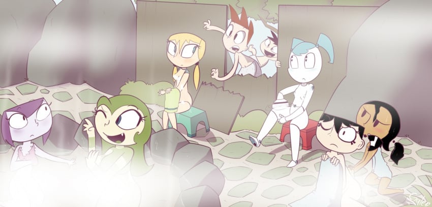 alien_girl black_eyes black_hair blonde_hair blue_hair blush brad_carbunkle brit_crust caught cleavage fish_girl green_hair green_skin gynoid hot_spring human jenny_wakeman long_hair melody_locus misty_(mlaatr) my_life_as_a_teenage_robot nickelodeon nude_female onsen peeping purple_hair red_hair short_hair smooth_skin soap steam steamy tammy_(mlaatr) teenager thegalen tiff_crust towel towel_around_waist tuck_carbunkle twintails xj-9