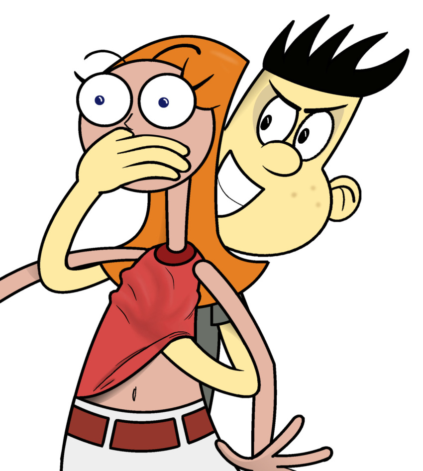 1boy 1boy1girl 1girls brad_buttowski candace_flynn covering_mouth crossover disney female female_focus groping groping_from_behind honeysmother human kick_buttowski male molestation phineas_and_ferb sexual_harassment straight white_background