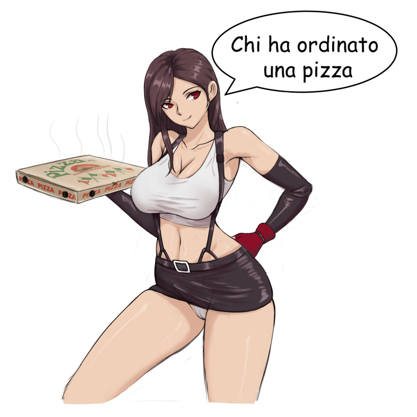 bare_legs bare_midriff big_breasts breasts brown_eyes brown_hair busty cameltoe cleavage crop_top female female_focus female_only final_fantasy final_fantasy_vii hourglass_figure italian_senate_hack italian_text long_hair meme miniskirt navel panties pizza pizza_box pizza_delivery raftt_art skirt speech_bubble suspenders text thong tifa_lockhart translation_request upskirt white_panties wide_hips