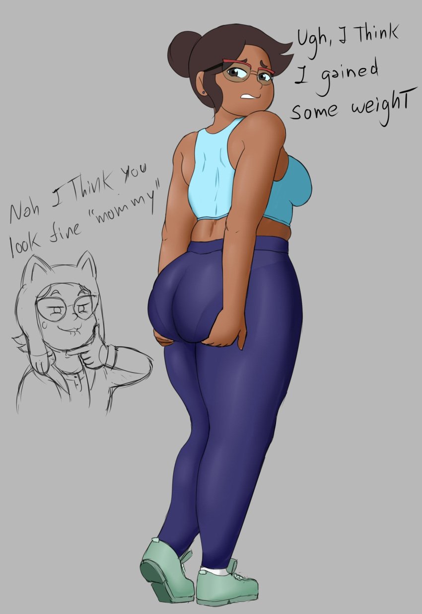 ass ass_awe big_ass camila_noceda checking_out_self complaining devilishrr dialogue disney disney_channel disney_xd fully_clothed grey_background gym_clothes mommy_kink smooth_skin standing staring_at_another text the_owl_house vee_(the_owl_house) voluptuous