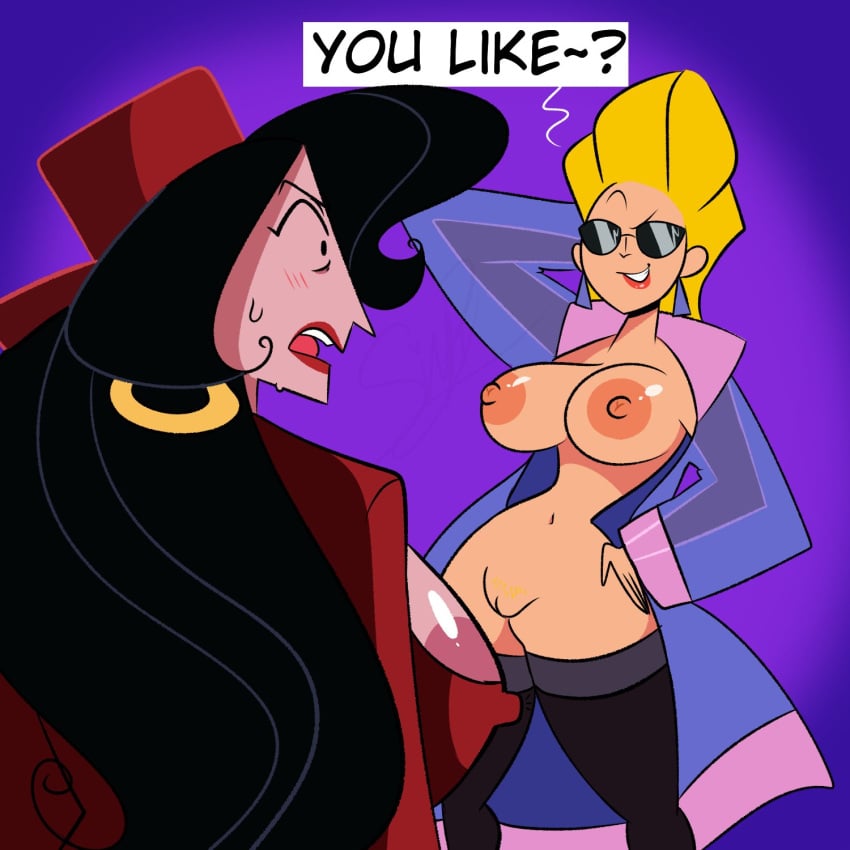 2girls areola_slip big_breasts black_hair blush breasts canon_genderswap cartoon_network erect_nipples flashing functionally_nude hourglass_figure jacket jenny_bravo johnny_bravo_(series) legwear light-skinned_female madame_voila multiple_girls outerwear pixelzsinful pompadour pussy rule_63 stockings sunglasses sweat tinted_eyewear wide_hips