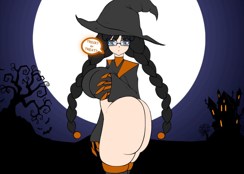 1girls animated ass ass_focus big_ass bouncing_ass halloween halloween_girl_(zonen404) highres large_ass looking_at_viewer moon original original_character solo_female speech_bubble thick_ass twerking witch witch_hat zonen404