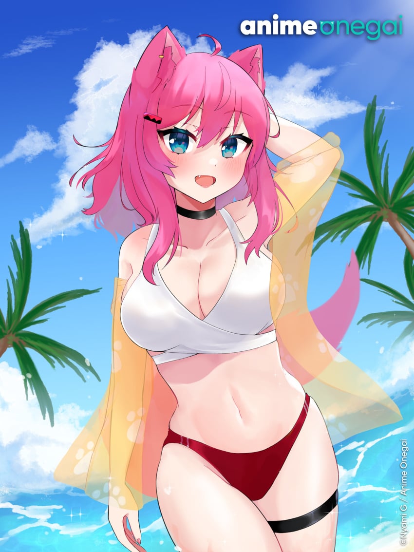 1girls anime_onegai arm_behind_head beach big_breasts bikini blue_eyes blush cat_ears cat_tail catgirl cleavage cloud clouds dengeki_onegai female female_only latam_virtual_youtuber looking_at_viewer nyami_g ocean one_arm_up open_mouth palm_tree pink_hair short_hair smiling smiling_at_viewer swimsuit virtual_youtuber water