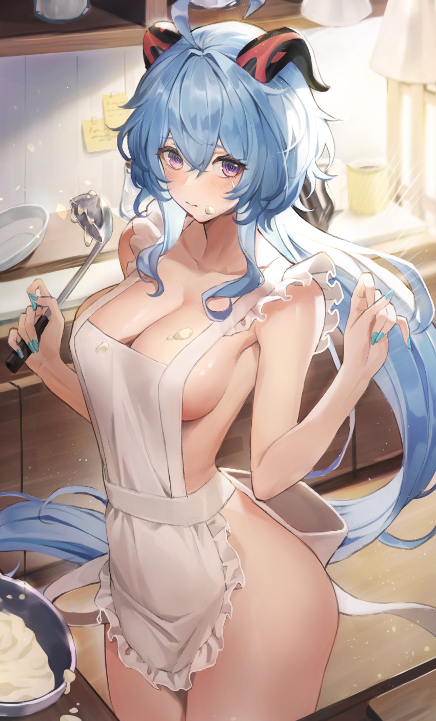 1girls bent_wrist big_breasts big_hips big_thighs blue_hair blue_nails blush cooking cyan_nails female female_focus female_only ganyu_(genshin_impact) genshin_impact horns kitchen ladle large_breasts light_blue_nails long_hair nail_polish nails naked_apron netural pout solo standing very_long_hair wide_hips