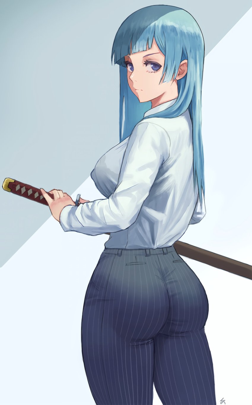 1girls artist_signature ass back_view big_ass big_breasts blouse blue_eyes blue_hair breasts bubble_butt butt butt_focus cutesexyrobutts_(style) dat_ass edit eyelashes female female_focus female_only formal fully_clothed hi_res holding holding_object huge_breasts jujutsu_kaisen kasumi_miwa katana large_breasts long_hair looking_at_viewer looking_back nipple_bulge nipples_visible_through_clothing office_clothing office_lady pale-skinned_female pale_skin pants side_view sideboob signature simple_background solo solo_female solo_focus sword thick_thighs thighs thin_waist tight_clothing tight_fit upscaled watermark wide_hips zefra_bleu