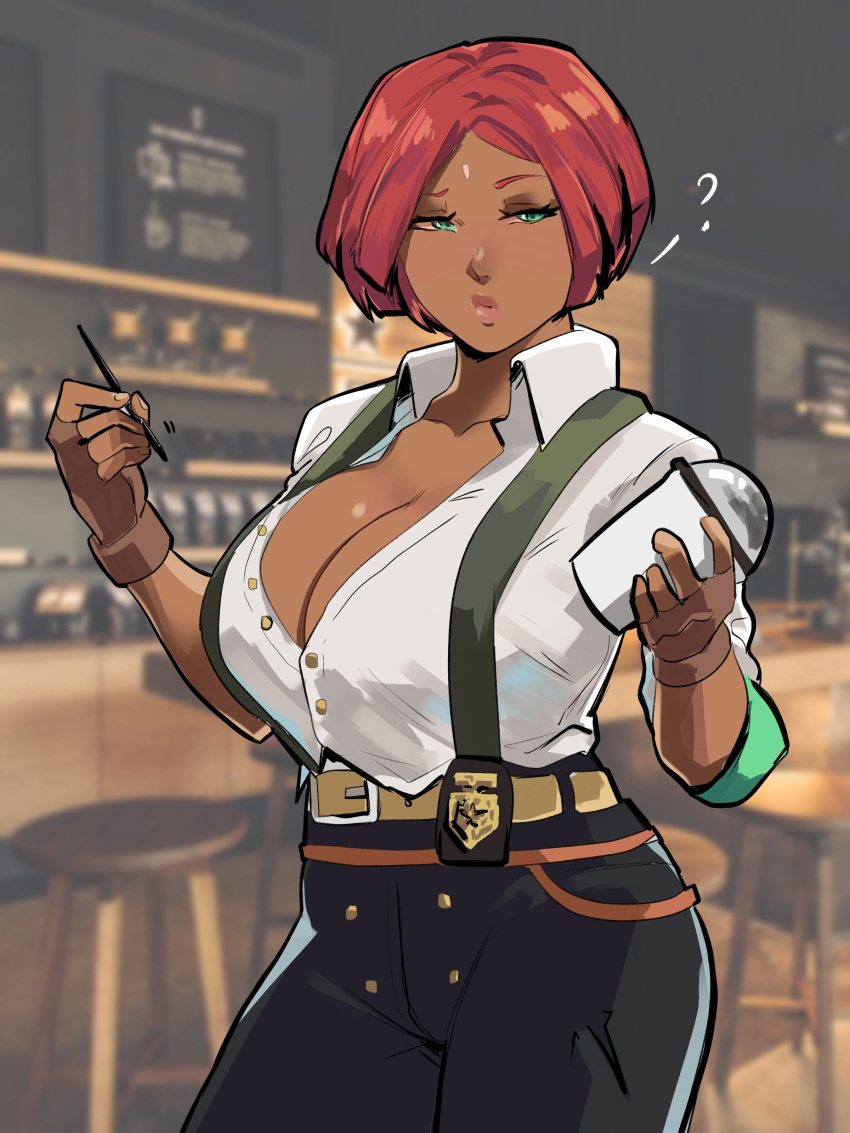 1girls badge brazilian brazilian_female cleavage coffee_shop cop dark-skinned_female dark_skin female female_only forehead_mark giovanna_(guilty_gear) guilty_gear guilty_gear_strive large_breasts open_shirt pants red_hair skullworms suspenders