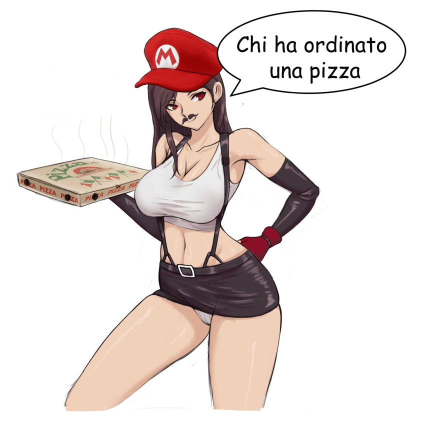 bare_legs bare_midriff big_breasts breasts brown_eyes brown_hair busty cameltoe cleavage crop_top female female_focus female_only final_fantasy final_fantasy_vii hourglass_figure italian_senate_hack italian_text long_hair mario_(cosplay) mario_(series) meme miniskirt moustache navel pizza pizza_box pizza_delivery raftt_art skirt speech_bubble suspenders text thong tifa_lockhart translation_request upskirt white_background wide_hips