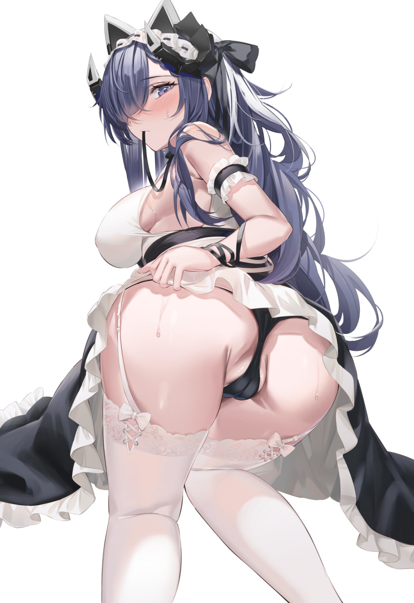 all_fours animal_ears arm_garter ass august_von_parseval_(azur_lane) august_von_parseval_(the_conquered_unhulde)_(azur_lane) azur_lane bangs black_panties black_skirt breasts cameltoe commentary fake_animal_ears female frilled_skirt frills from_behind garter_straps hair_over_one_eye hairband high-waist_skirt highres horns large_breasts long_hair looking_at_viewer looking_back mechanical_horns mouth_hold official_alternate_costume panties partially_visible_vulva purple_hair ribbon ribbon_in_mouth satoumogumogu sg_(satoumogumogu) shirt simple_background skirt sleeveless sleeveless_shirt solo sweat thighhighs underwear very_long_hair white_background white_hairband white_legwear white_shirt