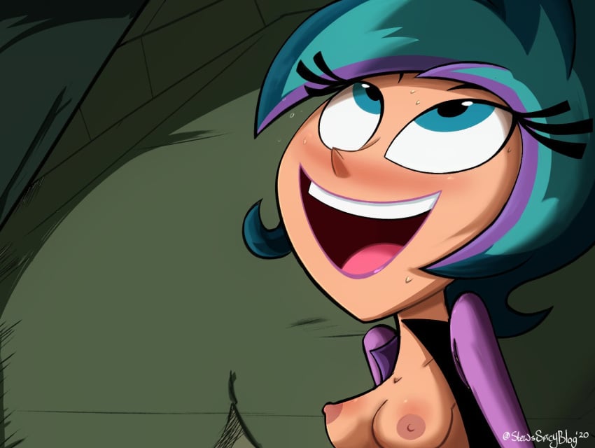 blue_eyes blush blushing breasts breasts_out colored_hair lacey_shadows looking_up nipples open_mouth open_shirt smile smiling stewsspicyblog sweat sweatdrop teal_hair the_modifyers