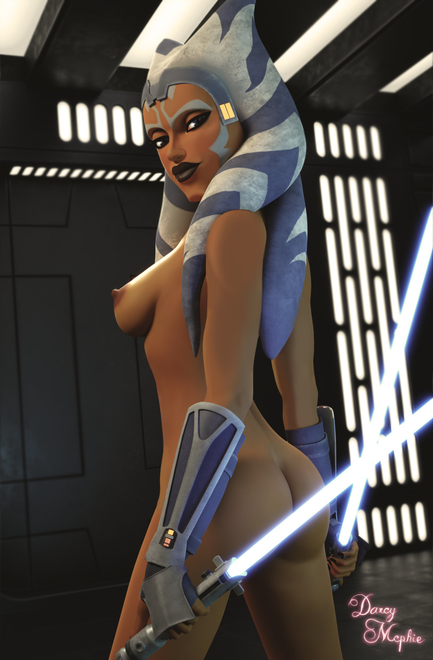 1girls 3d ahsoka_tano airress3d_(3d-modeller) alien alien_girl alien_humanoid ass blue_eyes breasts darcy_mcphie face_markings female female_only gauntlets lightsaber looking_at_viewer montrals nipples nude nude_female orange_body orange_butt orange_skin side_view solo star_wars the_clone_wars:_season_seven togruta