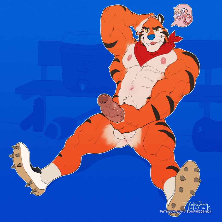 2022 abs american_football anthro ball balls bench biceps big_muscles big_penis blep blue_background bonfiredemon bottle clothing dated dialogue_box erection eyebrows felid footwear foreskin frosted_flakes fur gender_symbol genitals hand_behind_head hi_res humanoid_genitalia humanoid_penis inviting kellogg's looking_at_viewer male male/male_symbol male_only male_symbol mammal mascot muscular muscular_anthro muscular_male navel neckerchief nipples nude obliques pantherine patreon pecs penis penis_grab pictographics presenting presenting_penis sexuality_symbol shoes signature simple_background sitting smile socks solo sport symbol teeth text tiger tongue tongue_out tony_the_tiger tuft url vein water_bottle whiskers