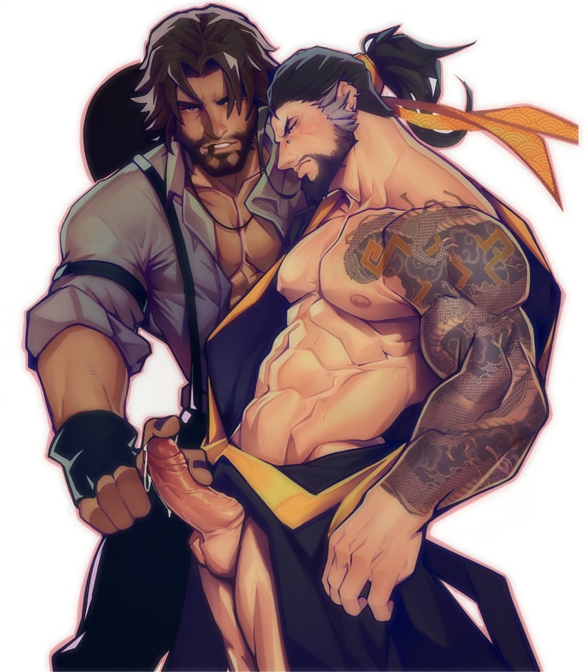 2boys abs arms aroused bangs bara bare_pectorals bare_shoulders beard black_hair breasts brown_hair bursting_pectorals cleavage cole_cassidy cum erection facial facial_hair fingerless_gloves from_side gay gloves hair hanzo_shimada highres holo_eden japanese_clothes large_pectorals looking_at_penis male male_only mature_male multiple_boys muscular muscular_male navel nipples open_clothes open_shirt overwatch pectorals penis penis_grab penis_touching precum sash stomach tattoo tattoo_sleeve testicles tied_hair yaoi yellow_sash