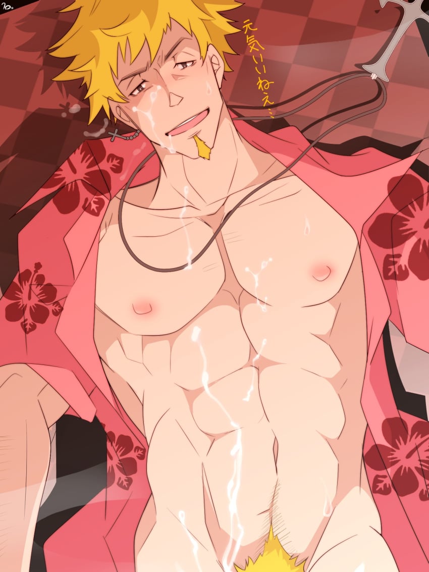 1boy abs autofacial bara bare_pectorals blonde_hair blush bukkake cowboy_shot crow_(siranui) cum cum_on_body cum_on_boy cum_on_pectorals cum_on_self facial facial_hair from_above goatee hawaiian_shirt highres implied_masturbation looking_at_viewer lying male_focus male_only male_pubic_hair monogatari_(series) muscular muscular_male naked_shirt navel nipples on_back open_clothes open_shirt oshino_meme pectorals pubic_hair seductive_smile shirt short_hair smile solo stomach translation_request