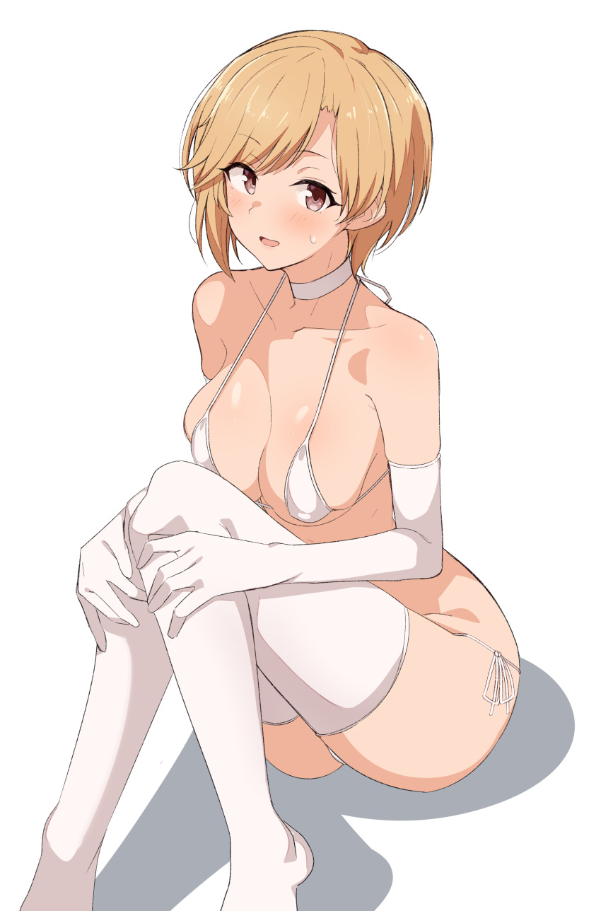 absurdres aiba_yumi bare_shoulders bikini blonde_hair blush breasts brown_eyes choker collarbone elbow_gloves feet_out_of_frame female female gloves halterneck hands_on_own_knees highres idolmaster idolmaster_cinderella_girls knees_up looking_at_viewer medium_breasts micro_bikini open_mouth seihekiog shadow short_hair side-tie_bikini simple_background sitting skindentation solo sweatdrop swimsuit thighhighs white_background white_bikini white_choker white_gloves white_legwear