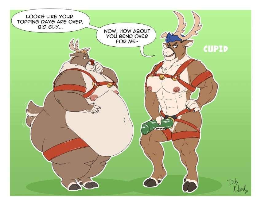 abs anthro antlers bell belly big_belly blue_hair breasts capreoline cervid cupid_(reindeer) dildo dominant dominant_female duly_noted duo fat female hair hand_on_hip harness hi_res hooves horn hyper hyper_belly imminent_sex male male/female mammal moobs morbidly_obese morbidly_obese_male muscular muscular_female nipples obese obese_male overweight overweight_male reindeer rudolph rudolph_the_red-nosed_reindeer rudolph_the_red_nosed_reindeer sex_toy strapon tail_motion tailwag weight_gain