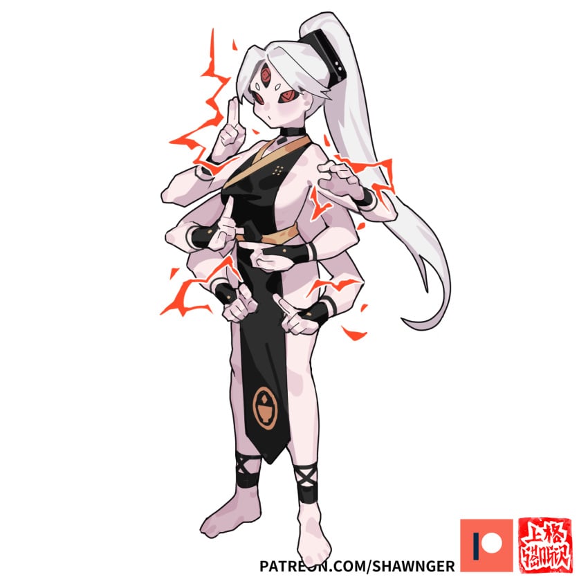 1girls choker dice_clan electricity hand_sign multi_arm multi_limb oc pale_skin patreon_logo red_eyes shawnger unusual_pupils watermark white_hair