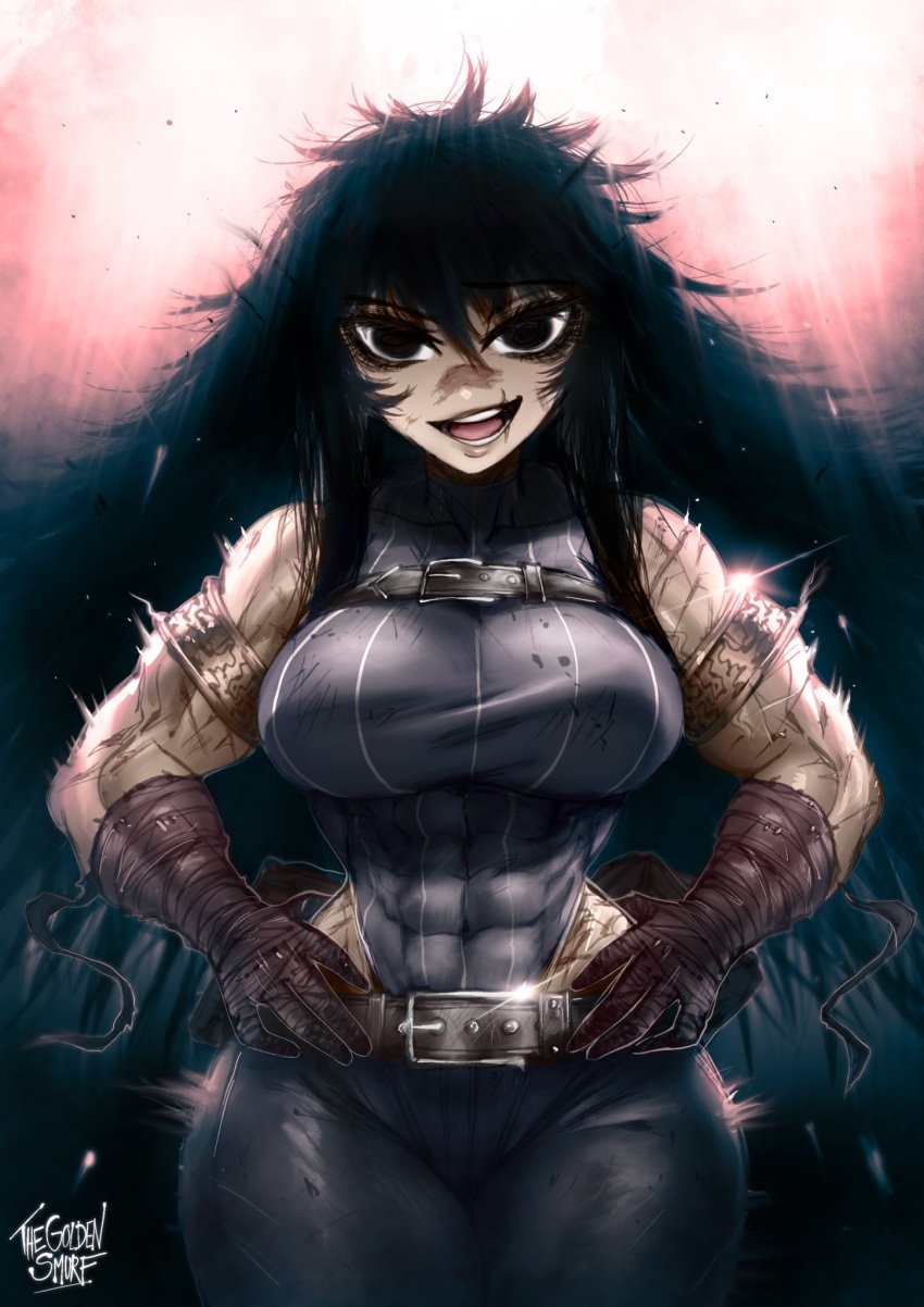 1girls abs armband artist_signature bandage belt big_breasts black_hair breasts clothed female female_only hi_res hips hourglass_figure long_hair muscular muscular_female ramia-yana ramia_(ramia-yana) scar shortstack smile thegoldensmurf tight_clothing