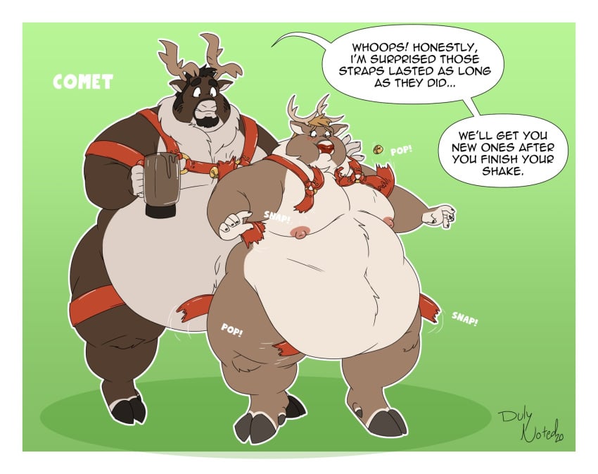 anthro antlers bell belly big_belly capreoline cervid clothing comet_(reindeer) dialogue duly_noted duo harness hi_res hooves horn hyper hyper_belly male male/male mammal morbidly_obese morbidly_obese_male nipples obese obese_male overweight overweight_male reindeer rudolph rudolph_the_red-nosed_reindeer rudolph_the_red_nosed_reindeer shake torn_clothing weight_gain