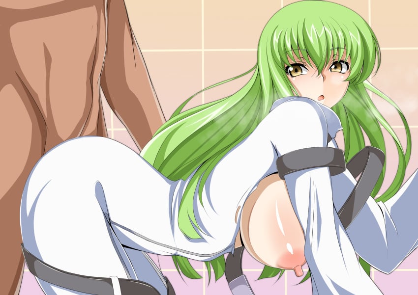 1boy 1girls ambiguous_penetration big_breasts c.c. code_geass doggy_style female green_hair parapetto tagme yellow_eyes