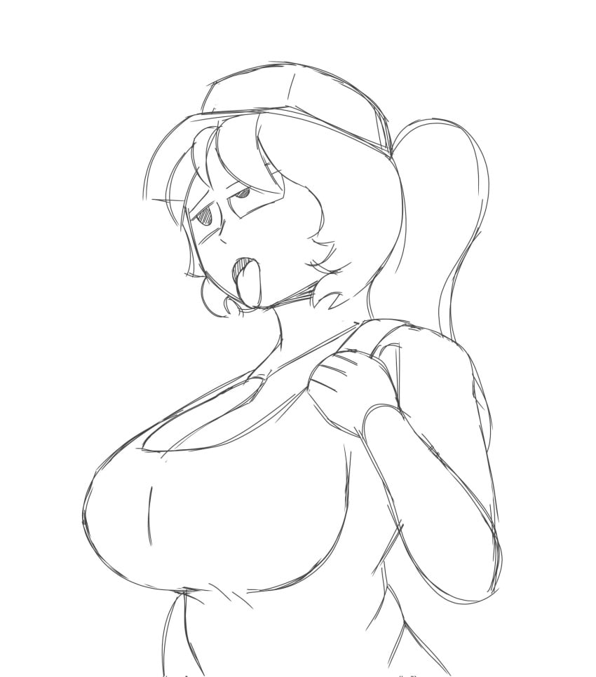 1girls cap cartoony female female_only looking_at_another monochrome ponytail randomnathan27 shgurr sketch solo tank_top tongue tongue_out torso_shot voluptuous white_background youtube