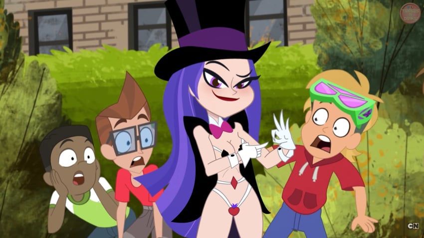 1girls 3boys bikini dc dc_comics dc_super_hero_girls edit female hand_gesture magician magician_hat pubic_hair pubic_hair_peek public_exposure screenshot screenshot_edit skimpy smug string_bikini tiddlesndinks top_hat zee_zatara