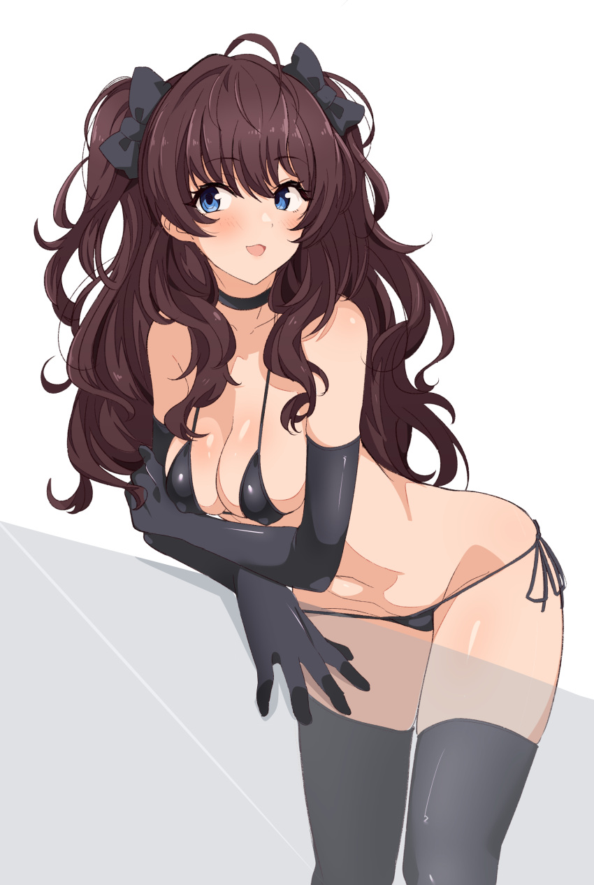 absurdres bangs black_bow black_choker black_gloves black_legwear blue_eyes blush bow breasts brown_hair choker cleavage elbow_gloves eyebrows_visible_through_hair female female gloves hair_ornament hairbow highres ichinose_shiki idolmaster idolmaster_cinderella_girls large_breasts long_hair open_mouth seihekiog sideboob simple_background smile solo thighhighs thighs white_background