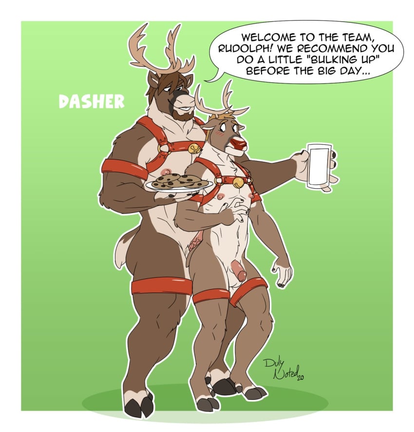 anthro antlers balls bell blush capreoline cervid cookie dasher dialogue duly_noted duo erection flaccid food genitals harness hi_res hooves horn larger_male male male/male mammal milk mostly_nude muscular muscular_male nipples penis reindeer rudolph rudolph_the_red-nosed_reindeer rudolph_the_red_nosed_reindeer size_difference smaller_male