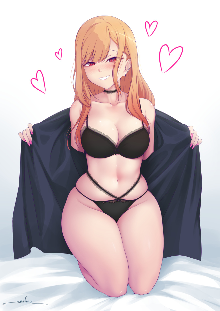 bangs bed_sheet black_bra black_choker black_panties blonde_hair bra breasts choker cleavage commentary ear_piercing earrings eyebrows_visible_through_hair female full_body grin groin gyaru heart highres jewelry kitagawa_marin kneeling long_fingernails long_hair looking_at_viewer medium_breasts navel panties piercing pink_nails red_eyes removing_jacket skindentation smile solo sono_bisque_doll_wa_koi_wo_suru underwear underwear_only unsfrau wide_hips