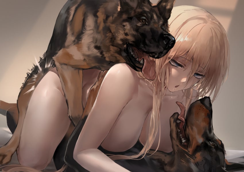 2dogs all_fours azur_lane bismarck_(azur_lane) blonde_hair blue_eyes breasts canine censored closed_eyes double_penetration female long_hair looking_pleasured mmf_threesome nude open_mouth polki threesome zoophilia