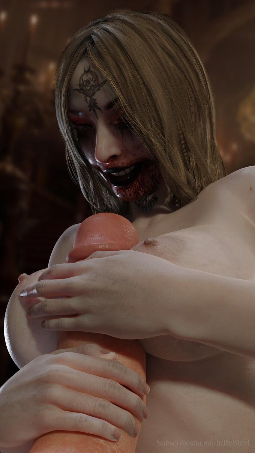 3d areolae aroused bela_(resident_evil) blood breast_grab breasts brown_eyes brown_hair female grabbing grabbing_penis nipple nude paizuri penis pleasure_face pleasured resident_evil resident_evil_8:_village resteel smile tagme titfuck titjob url veins witch