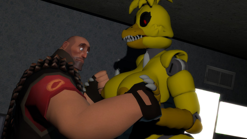 ammunition_belt breasts caught female fight fingerless_gloves five_nights_at_freddy's five_nights_at_freddy's_4 garry's_mod heavy_weapons_guy indoors male nightmare_chica_(fnaf) palpatinedewit pointy_teeth sharp_teeth surprised tagme team_fortress_2