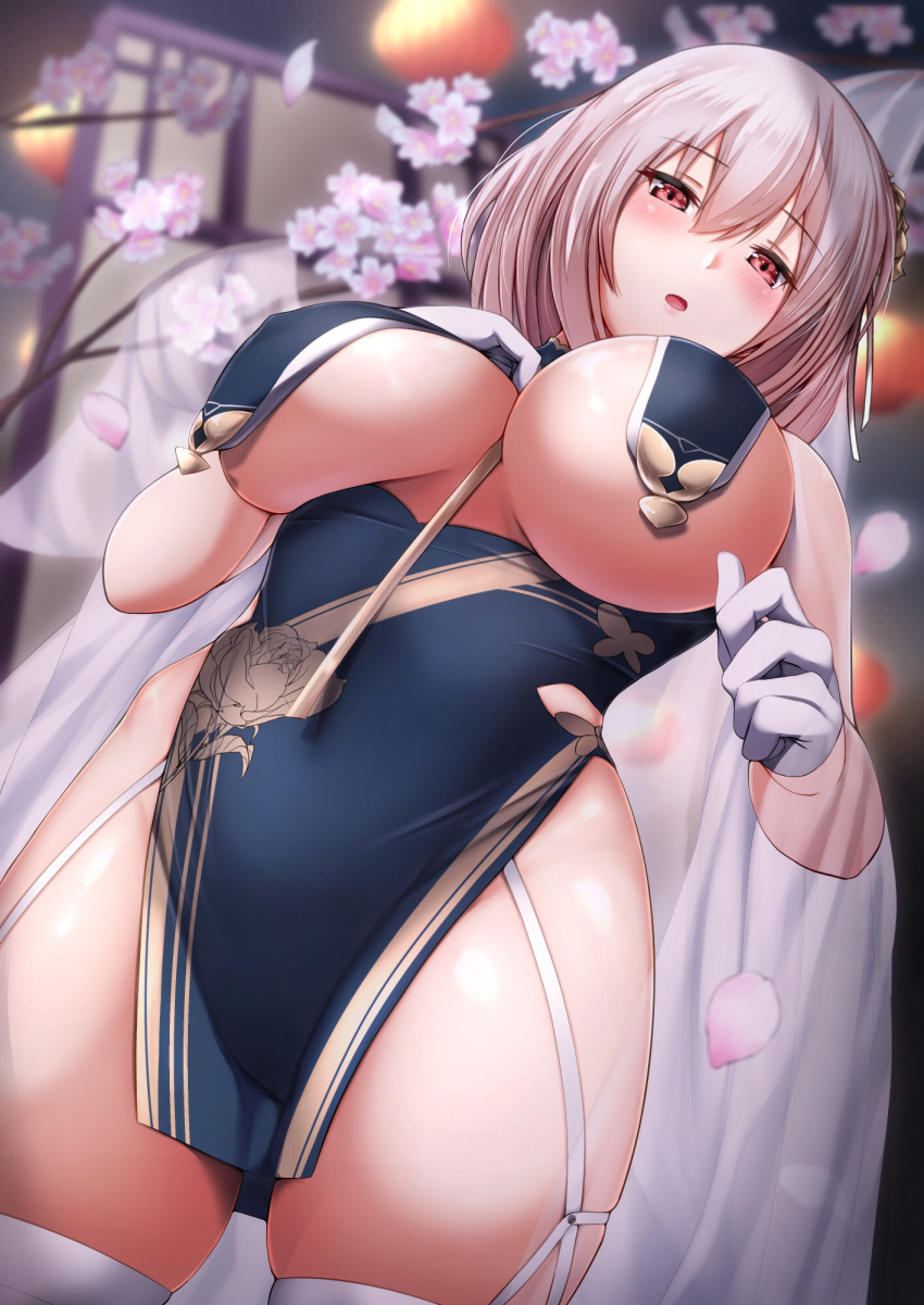 1girls 2020 azur_lane bangs blush branch breast_curtains breasts cherry_blossoms china_dress chinese_clothes dress female female female_focus female_only from_below garter_straps gloves grey_dress hair_between_eyes hair_ornament hand_on_own_chest highres large_breasts looking_at_viewer looking_down open_mouth pelvic_curtain perspective petals red_eyes revealing_clothes ribbon_between_breasts see-through short_hair sirius_(azur_lane) sirius_(azure_horizons)_(azur_lane) solo solo_female thighhighs thighs tiri_man underboob white_gloves white_hair white_legwear