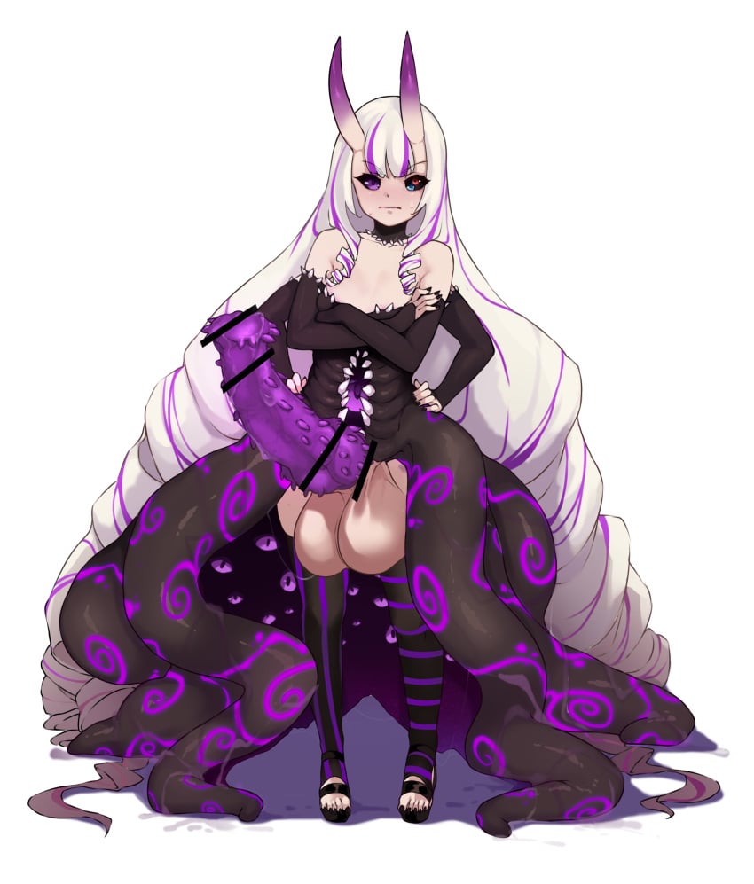 1futa absurdly_long_hair absurdres asymmetrical_legwear balls bangs bar_censor bare_shoulders black_legwear black_nails black_sclera blue_eyes bottomless breasts censored clothed clothing colored_sclera commission crossed_arms demon erection flat_chest full_body futa_only futanari hands_on_hips heterochromia highres horns horse_penis huge_balls huge_cock humanoid light-skinned_futanari light_skin long_hair malice_(worstwarlock) monster_girl multi_arm multi_limb multi_pupil multicolored_hair original pale_skin partially_clothed penis purple_eyes purple_hair purple_legwear red_eyes sandals skin-covered_horns solo spiked_penis standing streaked_hair striped striped_legwear tentacle thighhighs todding vertical-striped_legwear vertical_stripes very_long_hair white_background white_hair