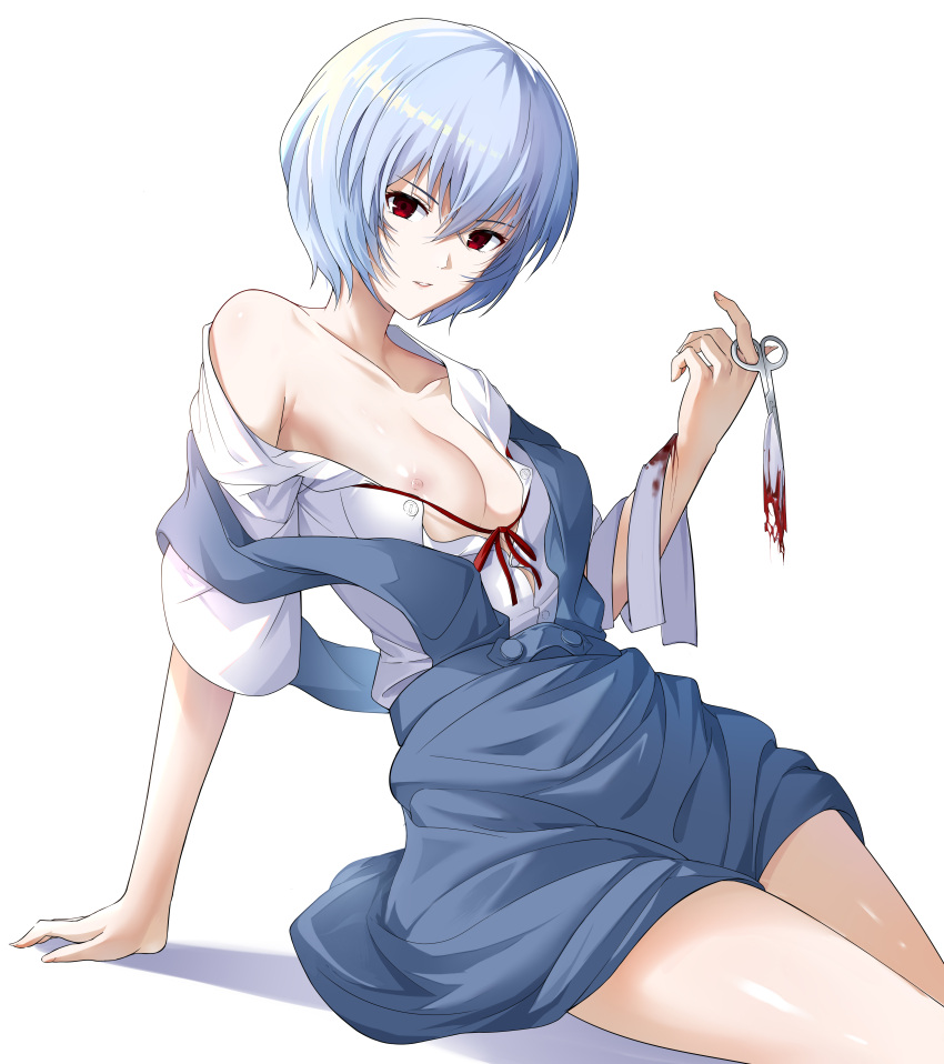 1girls blue_hair breasts clothing exposed_breasts female female_only geez neon_genesis_evangelion nipples red_eyes rei_ayanami school_uniform scissors short_hair skirt small_breasts solo