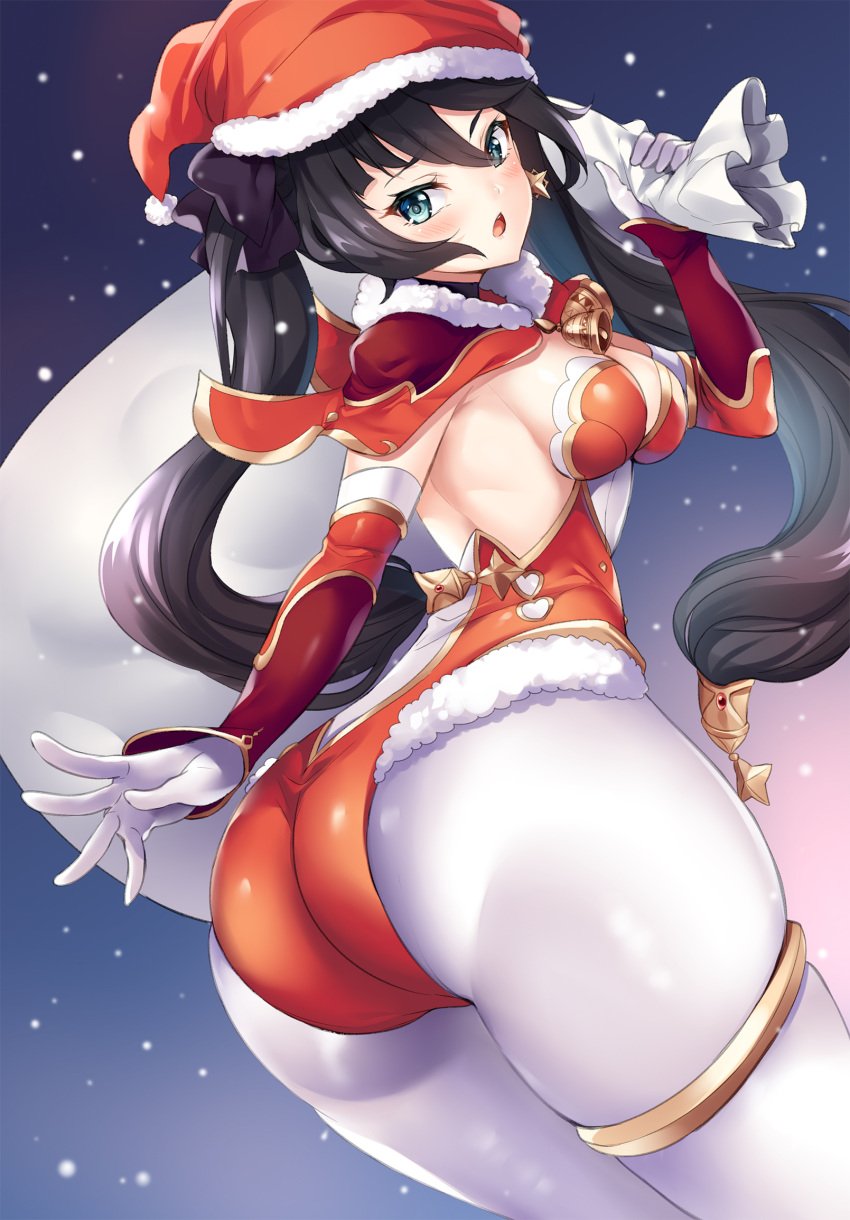 1girls 2021 ass ass_focus bangs black_hair blue_eyes blush breasts christmas female female female_focus female_only from_behind genshin_impact gloves hat highres hinata_sora leotard long_hair looking_at_viewer looking_back medium_breasts mona_(genshin_impact) pantyhose parted_lips red_headwear red_leotard sack santa_costume santa_hat solo solo_female twintails white_legwear