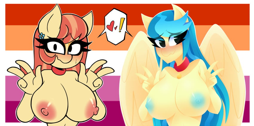 ! 2girls anthro anthrofied areola aunt_holiday_(mlp) auntie_lofty_(mlp) big_breasts blue_areola blue_hair blue_nipples blush bodily_fluids breasts collar collar_tag double_v double_v_sign edit embarrassed equid equine female flag_background friendship_is_magic gesture hair hasbro heart hi_res horse lesbian_pride_colors lgbt_pride looking_at_viewer mammal my_little_pony nelljoestar nipples pac_man_eyes pegasus pony pride_colors red_collar simple_background solo sweat sweatdrop v v_sign wings xan-gelx xan-gelx(xan)