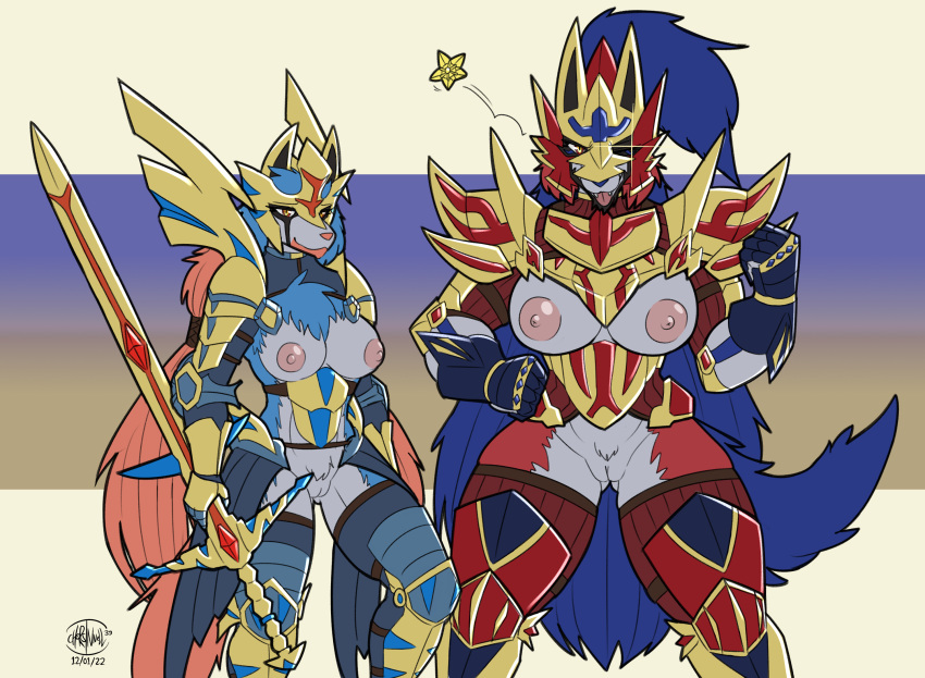 2022 2girls absurd_res anthro armor biped blep blue_body blue_fur breasts canid canine canis chorsinnell39 clothing couter crowned_shield_zamazenta crowned_sword_zacian digital_media_(artwork) duo female female_only fur furry furry_only gauntlets genitals gloves greaves handwear hi_res holding_object holding_sword holding_weapon larger_female legendary_pokémon looking_at_viewer melee_weapon multicolored_body multicolored_fur nintendo nipples one_eye_closed partially_clothed pauldron pokémon pokémon_(species) pokemon pokemon_ss pussy red_body red_fur size_difference smaller_female smile standing sword tail thick_thighs tongue tongue_out unconvincing_armor video_games weapon white_body white_fur wide_hips wink zacian zamazenta