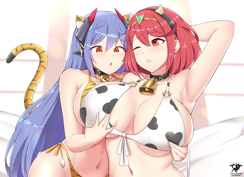 2022 2girls animal_ears arm_up armpits artist_logo artist_signature bangs bell_choker bikini breast_grab breast_squeeze breasts choker cow_print cow_print_bikini cowbell female female_only groping_breasts hair_ornament hi_res hips huge_breasts kaos_art long_hair nintendo orange_eyes png poppi_(xenoblade) poppi_qtpi_(xenoblade) purple_hair pyra_(xenoblade) red_eyes red_hair short_hair side-tie_bikini simple_background slim_waist swept_bangs tail_accessory tiara tiger_print tiger_print_bikini white_background wide_hips xenoblade_(series) xenoblade_chronicles_2 yuri